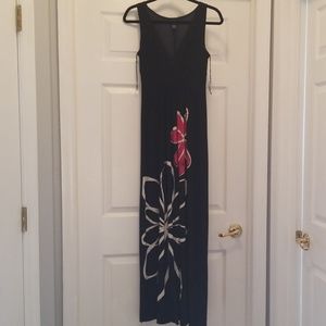 White & Fuchsia Flower Black Maxi Dress